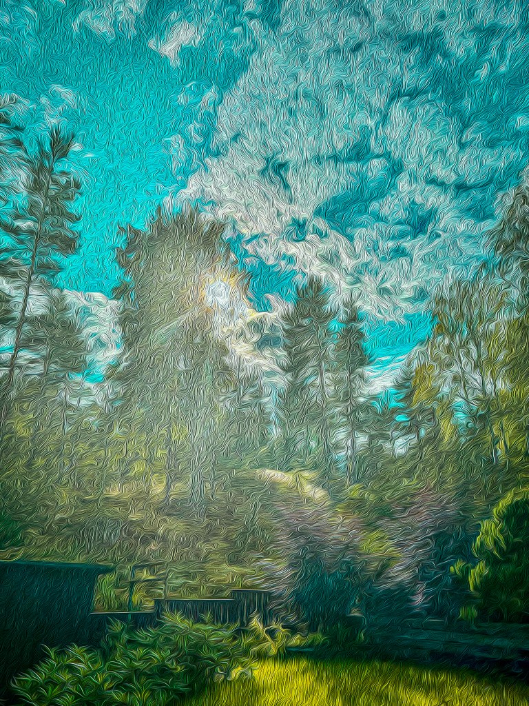 An artistic depiction of a backyard scene with trees, a vibrant blue sky, and wispy clouds. The sunlight filters through the foliage, casting shadows on the ground, evoking a tranquil afternoon in autumn.