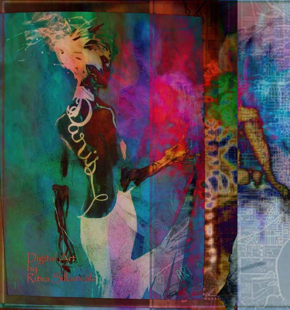 A vibrant mixed media digital artwork by Ritva Sillanmäki, featuring a stylized figure with dynamic colors and textures, showcasing elements of neo-expressionism and realism.