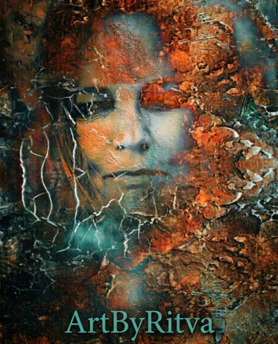 Surreal female face partially obscured by textured rust-colored patterns.